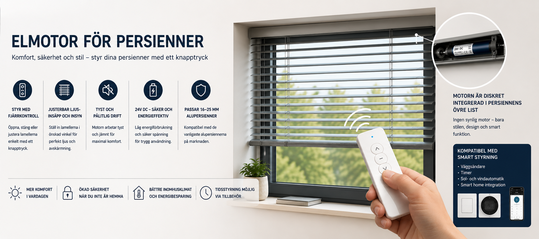 Illustration av elmotor 24v dc för 16 och 25 mm alu-persienner monterad i fönster