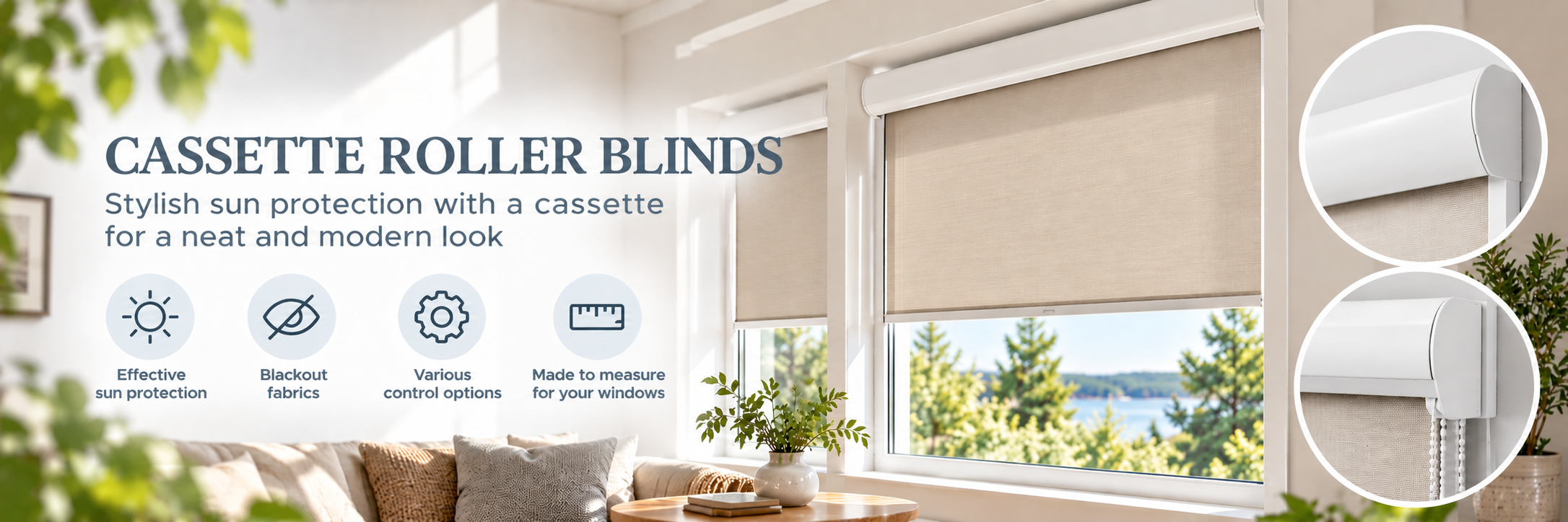 Cassette roller blind with elegant cassette housing at window