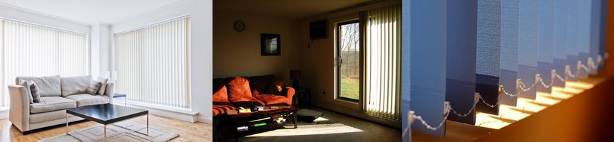 alt="Vertical blinds installed in a window with vertical fabric panels mounted on a track that can tilt and slide to the side for flexible light control, offering a modern and practical sun protection solution"