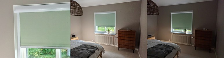 Blackout roller blind with cassette system mounted in bedroom window recess for total light blocking