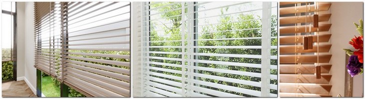 Wooden blinds in a window with horizontal wooden slats