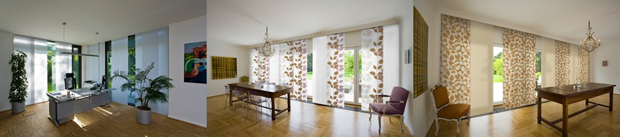 Panel blind system with vertical sliding fabric panels mounted on a track, providing privacy and light filtering in modern interiors