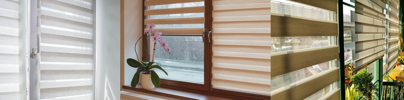 Duo rullgardiner med randig zebra-effekt i ett modernt rum